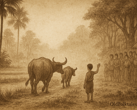 Sepia-toned parchment-style illustration showing the Buffalo Boy of Srei Ambel standing barefoot at the edge of a rice paddy, raising his hand in farewell as two sacred buffaloes, Preah and Neary, walk solemnly into a misty forest. Villagers watch in reverent silence from behind, framed by sugar palm trees and golden rice fields. The scene evokes loyalty, courage, and love, with “OldFolktales.com” inscribed in the bottom right corner.