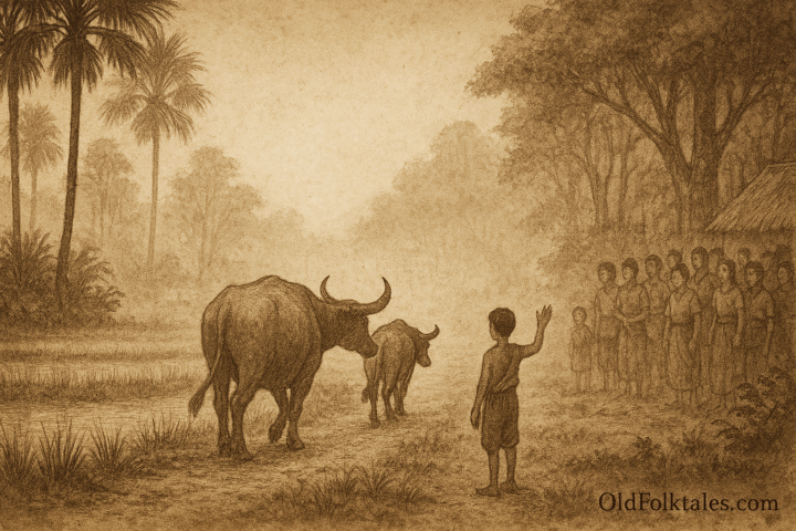 Sepia-toned parchment-style illustration showing the Buffalo Boy of Srei Ambel standing barefoot at the edge of a rice paddy, raising his hand in farewell as two sacred buffaloes, Preah and Neary, walk solemnly into a misty forest. Villagers watch in reverent silence from behind, framed by sugar palm trees and golden rice fields. The scene evokes loyalty, courage, and love, with “OldFolktales.com” inscribed in the bottom right corner.