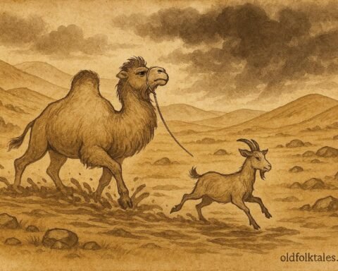 Parchment-style illustration of a camel and goat navigating a storm on the Kazakh steppe.