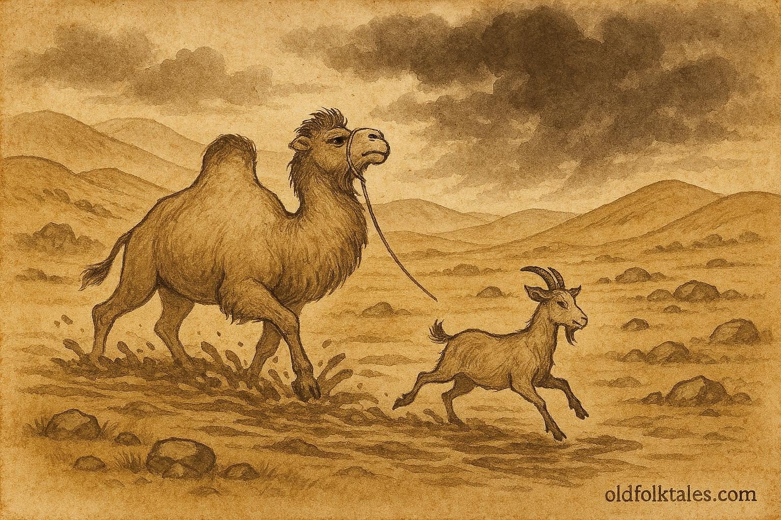 Parchment-style illustration of a camel and goat navigating a storm on the Kazakh steppe.