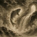 A carp leaping over the Dragon Gate waterfall as it begins transforming into a dragon, symbolizing perseverance and success in Chinese folklore.