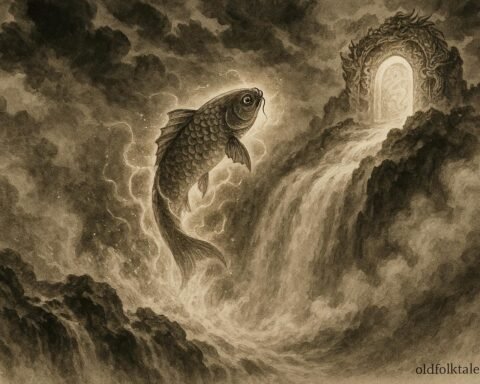 A carp leaping over the Dragon Gate waterfall as it begins transforming into a dragon, symbolizing perseverance and success in Chinese folklore.