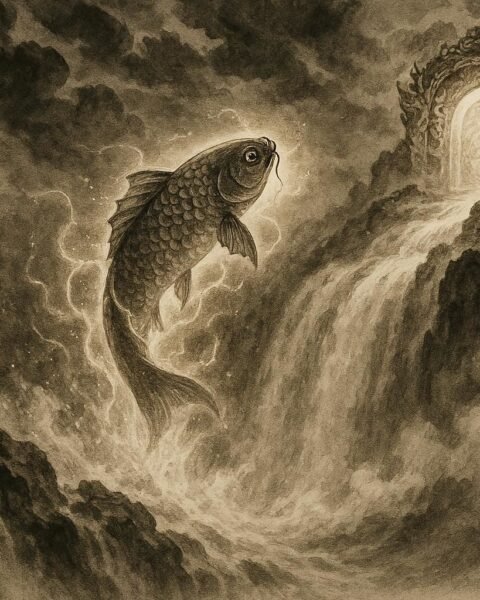 A carp leaping over the Dragon Gate waterfall as it begins transforming into a dragon, symbolizing perseverance and success in Chinese folklore.