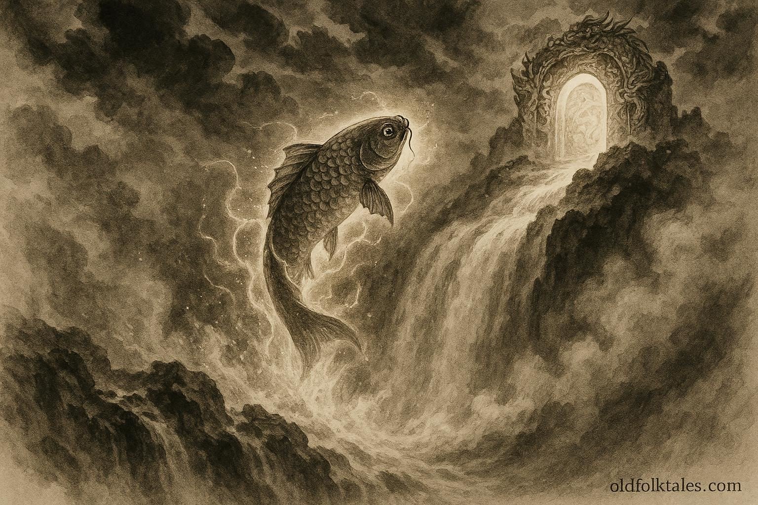 A carp leaping over the Dragon Gate waterfall as it begins transforming into a dragon, symbolizing perseverance and success in Chinese folklore.