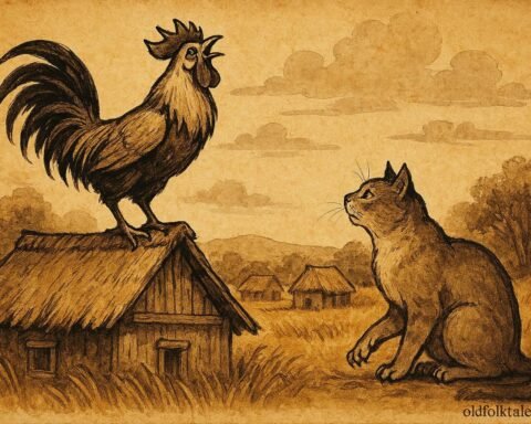 Parchment-style illustration of a crow and a cat, showing wisdom and respect, Sri Lankan folktale scene.