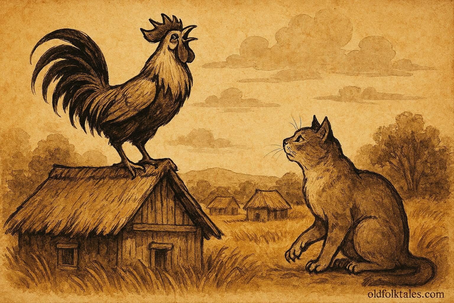 Parchment-style illustration of a crow and a cat, showing wisdom and respect, Sri Lankan folktale scene.