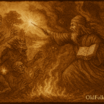 Sepia-toned illustration on aged rice parchment depicting a Cambodian folktale scene at Phnom Krom. A golden cat leaps across ancient temple stones at dusk, transforming mid-air into a shimmering arc of protective light. Below, pilgrims descend steep stone steps, including a young mother clutching her baby, as a large stone tumbles toward them but mysteriously veers away. The temple ruins rise in the background, with Tonle Sap Lake glimmering under a twilight sky. “OldFolktales.com” is inscribed in the bottom right corner