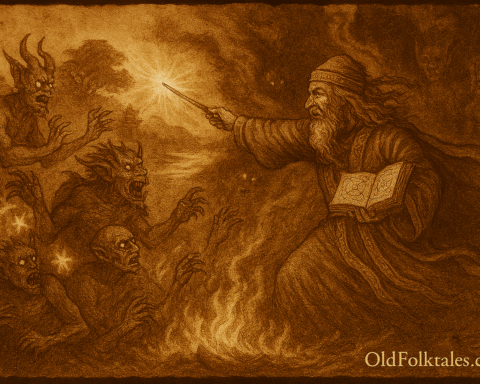 Sepia-toned illustration on aged rice parchment depicting a Cambodian folktale scene at Phnom Krom. A golden cat leaps across ancient temple stones at dusk, transforming mid-air into a shimmering arc of protective light. Below, pilgrims descend steep stone steps, including a young mother clutching her baby, as a large stone tumbles toward them but mysteriously veers away. The temple ruins rise in the background, with Tonle Sap Lake glimmering under a twilight sky. “OldFolktales.com” is inscribed in the bottom right corner