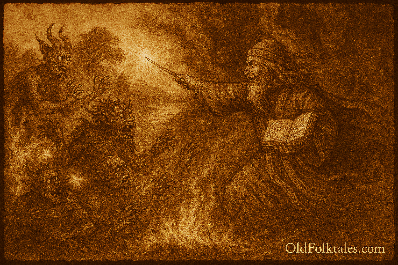 Sepia-toned illustration on aged rice parchment depicting a Cambodian folktale scene at Phnom Krom. A golden cat leaps across ancient temple stones at dusk, transforming mid-air into a shimmering arc of protective light. Below, pilgrims descend steep stone steps, including a young mother clutching her baby, as a large stone tumbles toward them but mysteriously veers away. The temple ruins rise in the background, with Tonle Sap Lake glimmering under a twilight sky. “OldFolktales.com” is inscribed in the bottom right corner