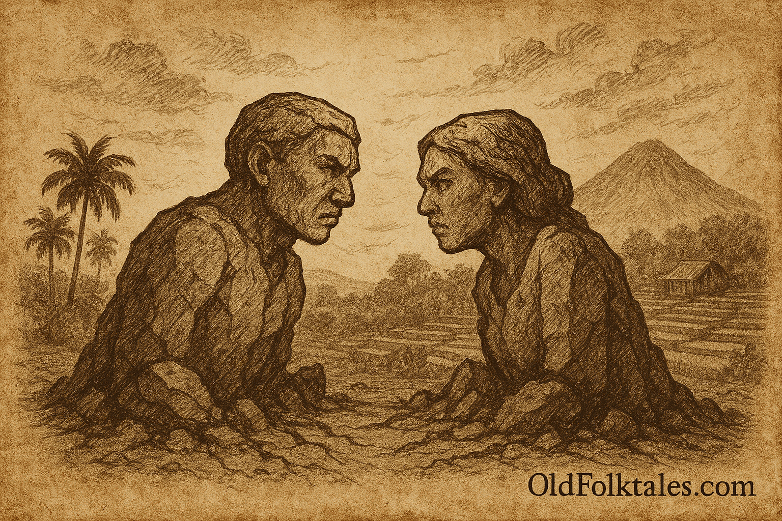 Sepia-toned parchment illustration depicting the Indonesian folktale "The Clashing Stones." Two colossal stone figures—Bagus and Wulan—face each other in eternal confrontation, partially submerged in cracked earth. Their expressions are frozen in anger and sorrow as volcanic mountains and rice terraces stretch behind them. A traditional Javanese house and palm trees frame the scene, with a misty volcano rising in the distance. The sky swirls with ancestral tension, evoking the supernatural punishment of sibling greed. At the bottom right, the inscription reads “OldFolktales.com