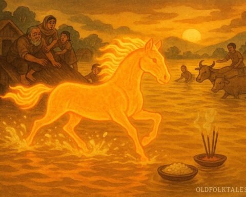 A clay horse comes to life during floods along the Yellow River, carrying villagers and livestock to safety, symbolizing selfless protection and impermanence in northern Chinese river folklore.