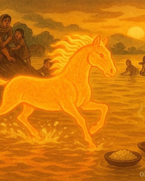 A clay horse comes to life during floods along the Yellow River, carrying villagers and livestock to safety, symbolizing selfless protection and impermanence in northern Chinese river folklore.