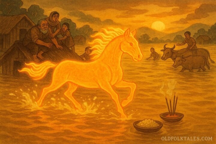 A clay horse comes to life during floods along the Yellow River, carrying villagers and livestock to safety, symbolizing selfless protection and impermanence in northern Chinese river folklore.