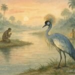 A silver crowned crane glowing softly beside a river while a kneeling merchant faces it, surrounded by villagers with lanterns.