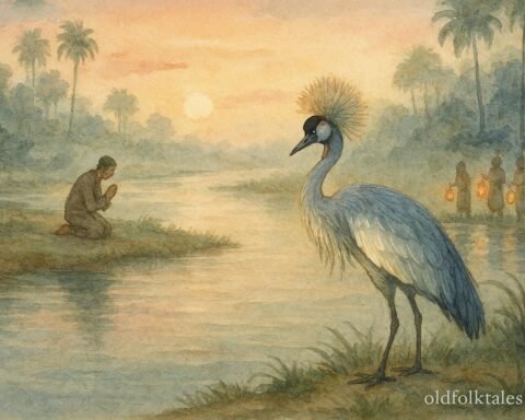 A silver crowned crane glowing softly beside a river while a kneeling merchant faces it, surrounded by villagers with lanterns.