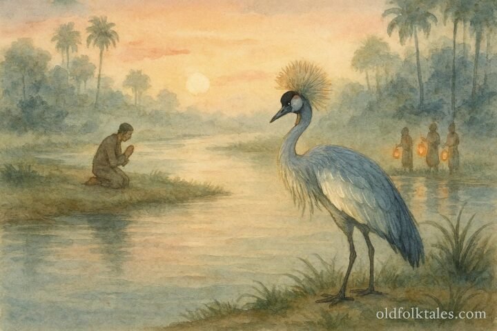 A silver crowned crane glowing softly beside a river while a kneeling merchant faces it, surrounded by villagers with lanterns.