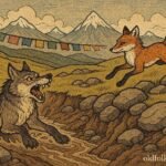 A clever Tibetan fox escapes a proud wolf across the highlands with mountains in the background.