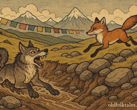 A clever Tibetan fox escapes a proud wolf across the highlands with mountains in the background.