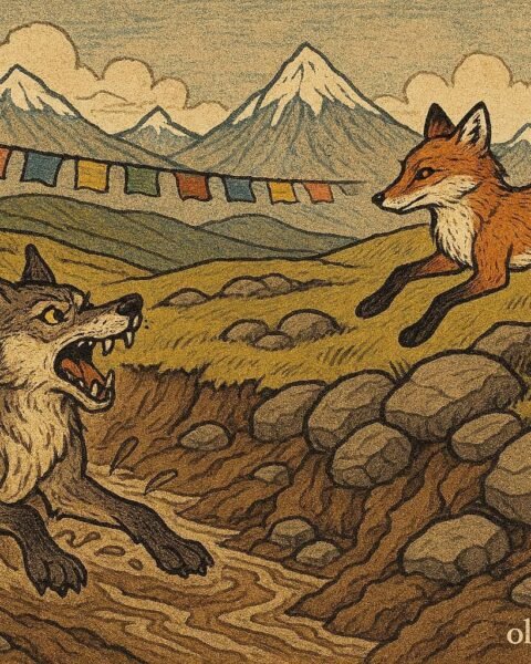 A clever Tibetan fox escapes a proud wolf across the highlands with mountains in the background.