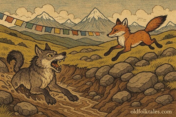 A clever Tibetan fox escapes a proud wolf across the highlands with mountains in the background.