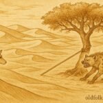 Parchment-style artwork of the gazelle tricking the hyena in a Qatari desert fable.