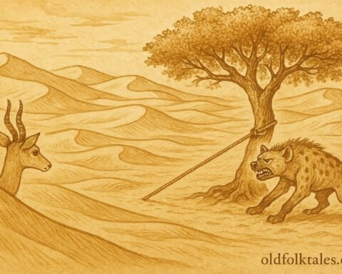 Parchment-style artwork of the gazelle tricking the hyena in a Qatari desert fable.