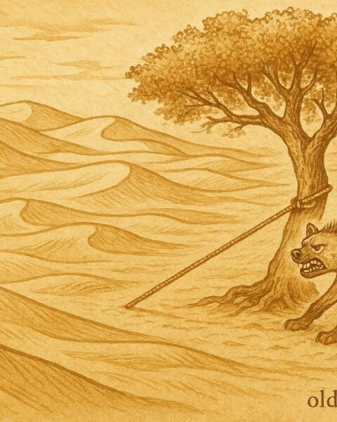 Parchment-style artwork of the gazelle tricking the hyena in a Qatari desert fable.