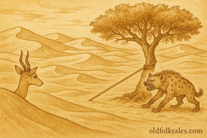 Parchment-style artwork of the gazelle tricking the hyena in a Qatari desert fable.