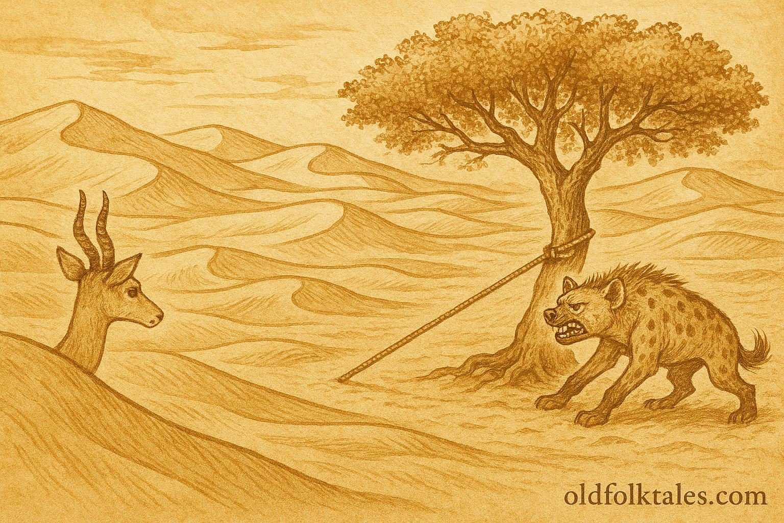 Parchment-style artwork of the gazelle tricking the hyena in a Qatari desert fable.