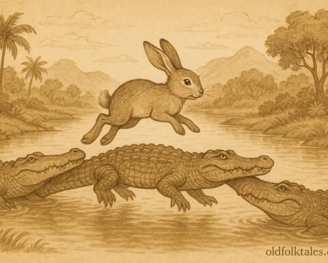 A clever hare crossing a river on crocodile backs from a Burmese folktale.
