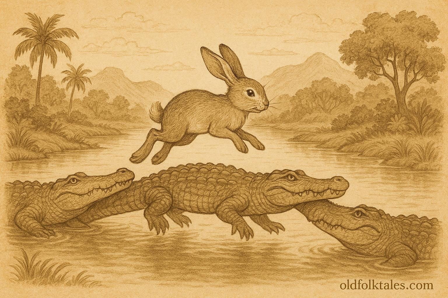 A clever hare crossing a river on crocodile backs from a Burmese folktale.