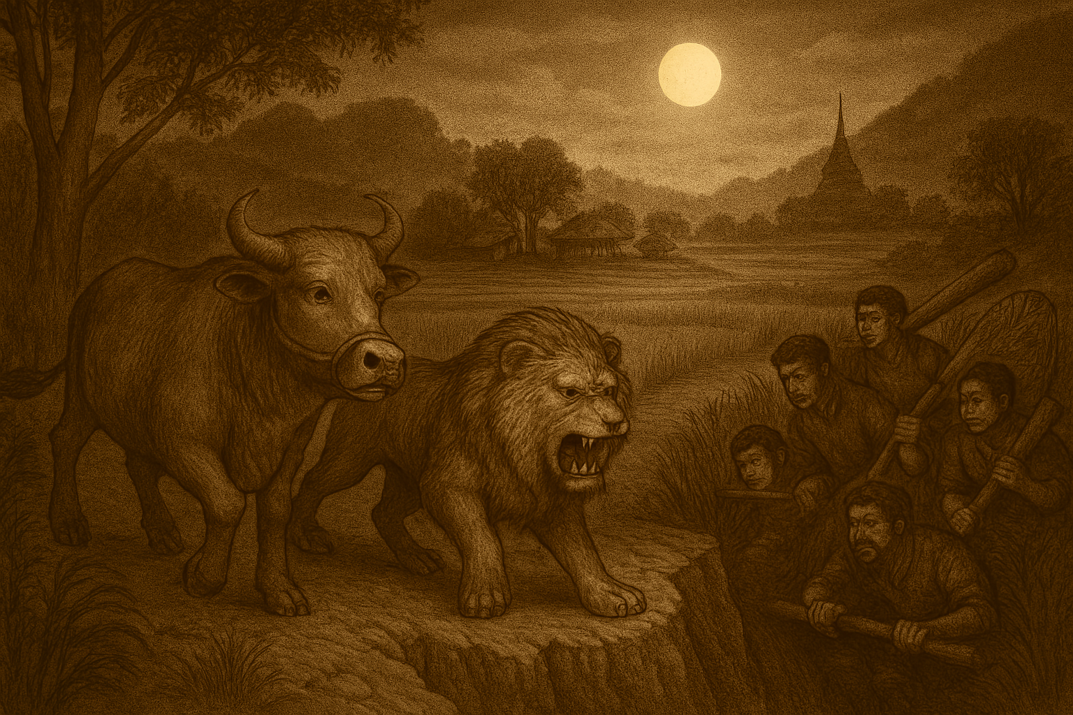 Sepia-toned illustration of a Burmese farming village near forested hills, showing a strong, calm ox leading a fierce lion toward a narrow ravine trap at night. Villagers hide nearby with nets and logs, rice fields and a distant pagoda visible under moonlight. The scene symbolizes intelligence, strength, and community cooperation overcoming danger.
