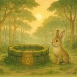 A small rabbit stands beside an old forest well where a faint lion reflection appears in the water.