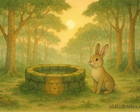 A small rabbit stands beside an old forest well where a faint lion reflection appears in the water.