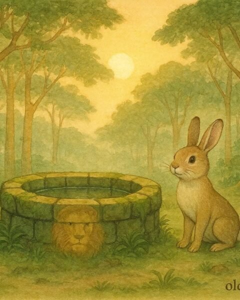 A small rabbit stands beside an old forest well where a faint lion reflection appears in the water.