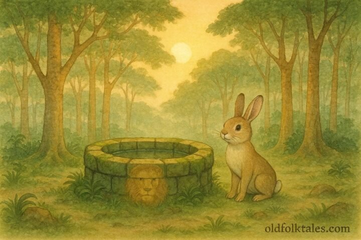 A small rabbit stands beside an old forest well where a faint lion reflection appears in the water.