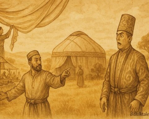 Parchment-style illustration of the clever servant managing a grand festival, Uzbek folktale scene.