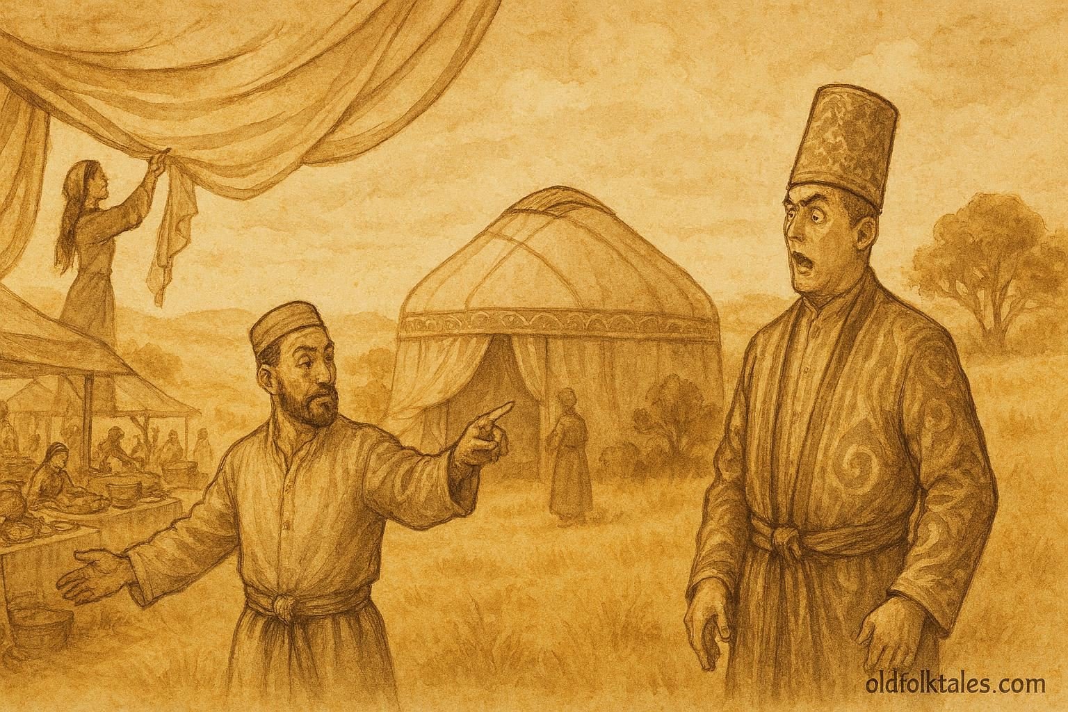 Parchment-style illustration of the clever servant managing a grand festival, Uzbek folktale scene.