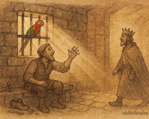 Parchment-style illustration of the Lebanese cobbler and his parrot revealing the truth to the king.