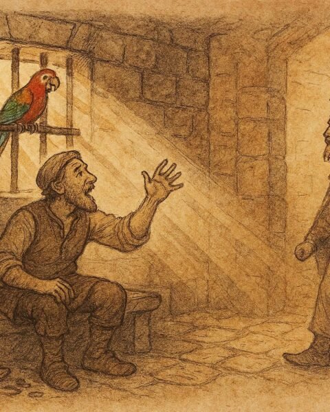 Parchment-style illustration of the Lebanese cobbler and his parrot revealing the truth to the king.