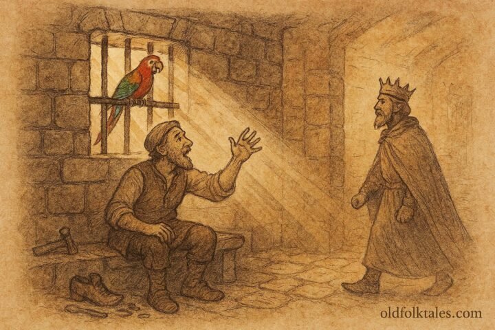 Parchment-style illustration of the Lebanese cobbler and his parrot revealing the truth to the king.