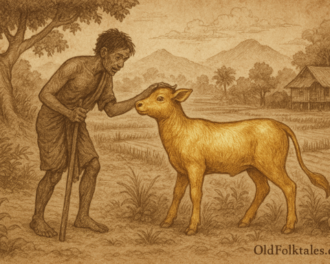 Sepia-toned illustration on aged rice parchment showing Ratana, a humble Cambodian cowherd, gently reaching out to a glowing golden calf near a sacred banyan tree. Rice paddies stretch behind them toward distant mountains, with a stilted house nestled among trees. “OldFolktales.com” is inscribed at the bottom right.