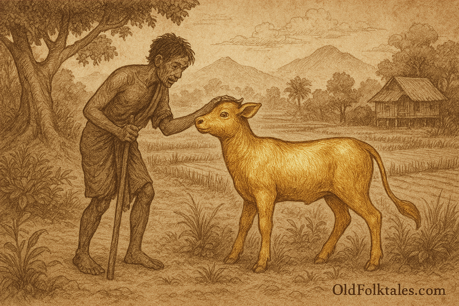 Sepia-toned illustration on aged rice parchment showing Ratana, a humble Cambodian cowherd, gently reaching out to a glowing golden calf near a sacred banyan tree. Rice paddies stretch behind them toward distant mountains, with a stilted house nestled among trees. “OldFolktales.com” is inscribed at the bottom right.