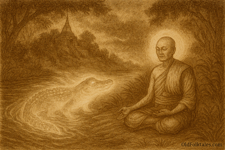 Sepia-toned illustration on aged parchment shows a serene riverside scene in Nan Province, Thailand. A bald Buddhist monk sits cross-legged on the grassy bank, meditating with a glowing aura around his head. Beside him, a ghostly crocodile spirit with luminous eyes and ethereal scales emerges from the water, its body casting ripples and light across the river. In the background, the temple of Wat Khao Noi stands atop a mist-covered hill surrounded by dense trees. “OldFolktales.com” is inscribed in the bottom right corner.
