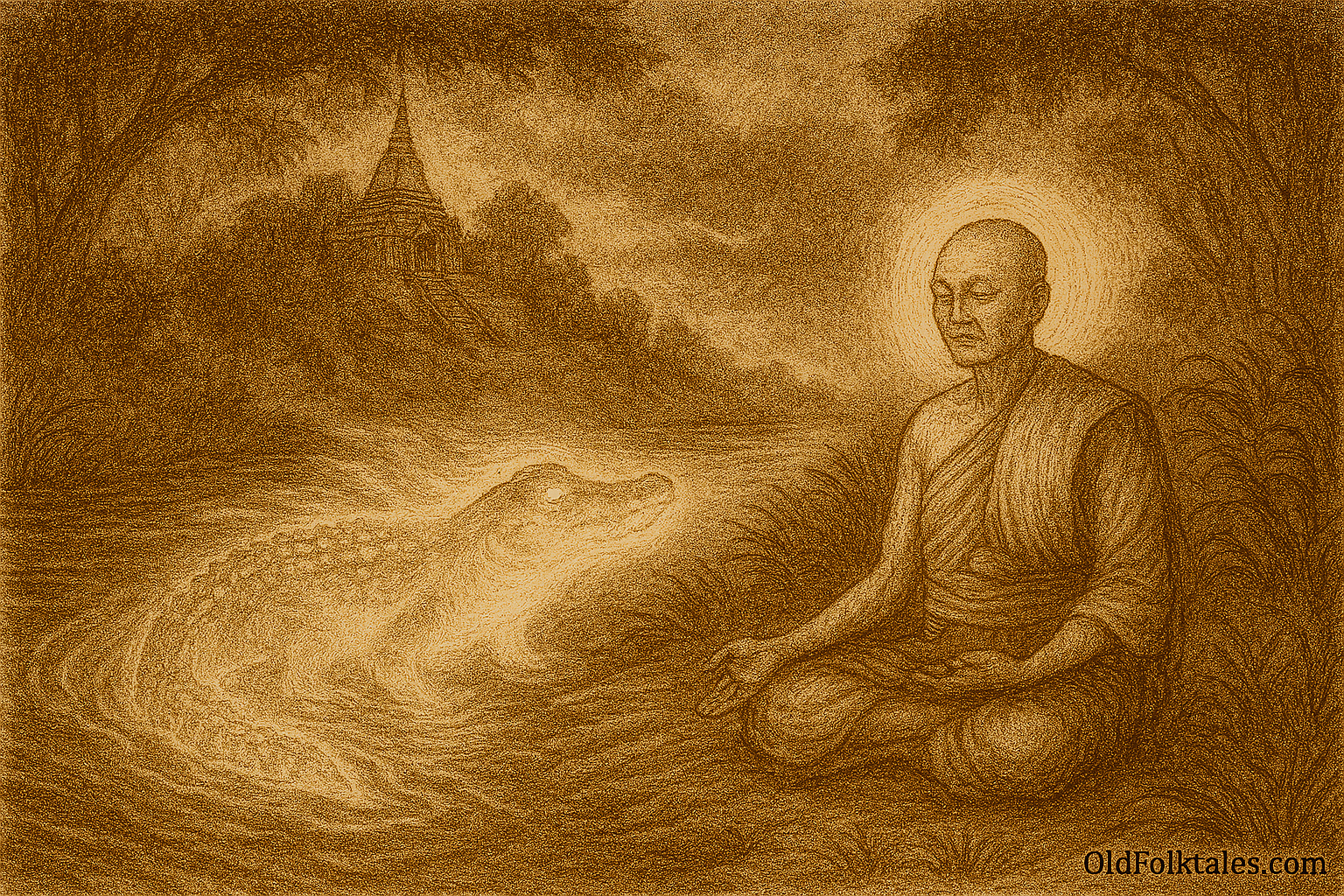 Sepia-toned illustration on aged parchment shows a serene riverside scene in Nan Province, Thailand. A bald Buddhist monk sits cross-legged on the grassy bank, meditating with a glowing aura around his head. Beside him, a ghostly crocodile spirit with luminous eyes and ethereal scales emerges from the water, its body casting ripples and light across the river. In the background, the temple of Wat Khao Noi stands atop a mist-covered hill surrounded by dense trees. “OldFolktales.com” is inscribed in the bottom right corner.