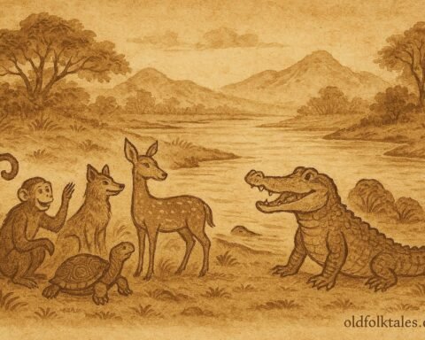 Parchment-style illustration of Sri Lankan animals gathered at the Crocodile’s wedding feast beside a peaceful river.