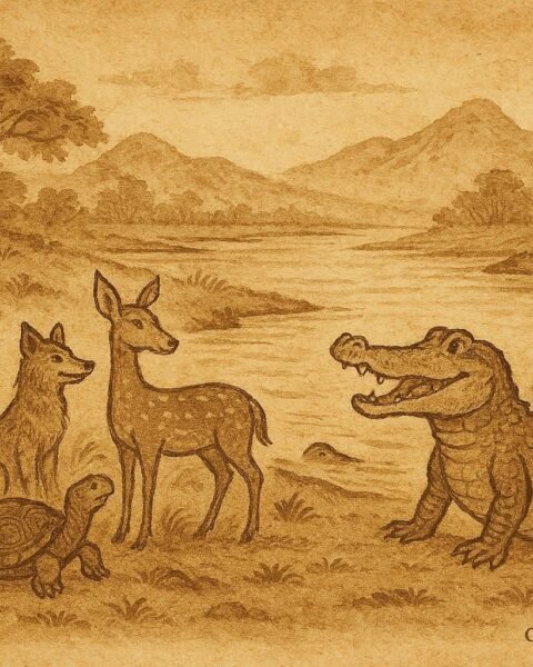 Parchment-style illustration of Sri Lankan animals gathered at the Crocodile’s wedding feast beside a peaceful river.
