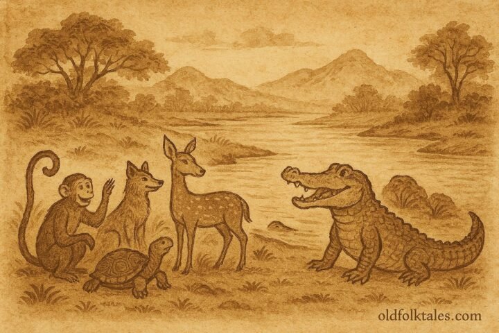 Parchment-style illustration of Sri Lankan animals gathered at the Crocodile’s wedding feast beside a peaceful river.