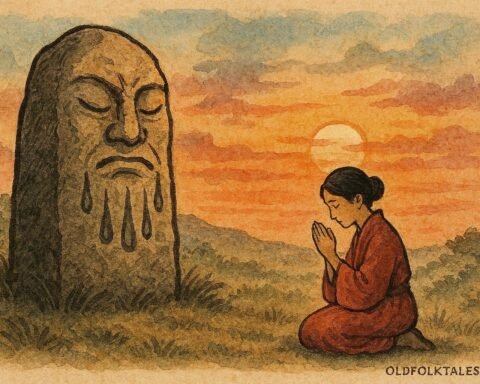 Chiyo praying before a crying sacred stone in Okinawan folklore.