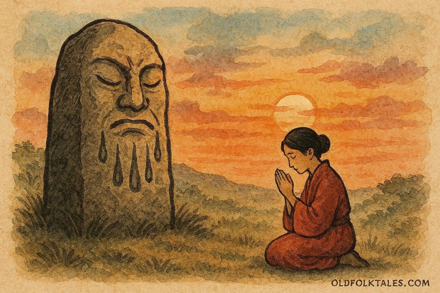 Chiyo praying before a crying sacred stone in Okinawan folklore.